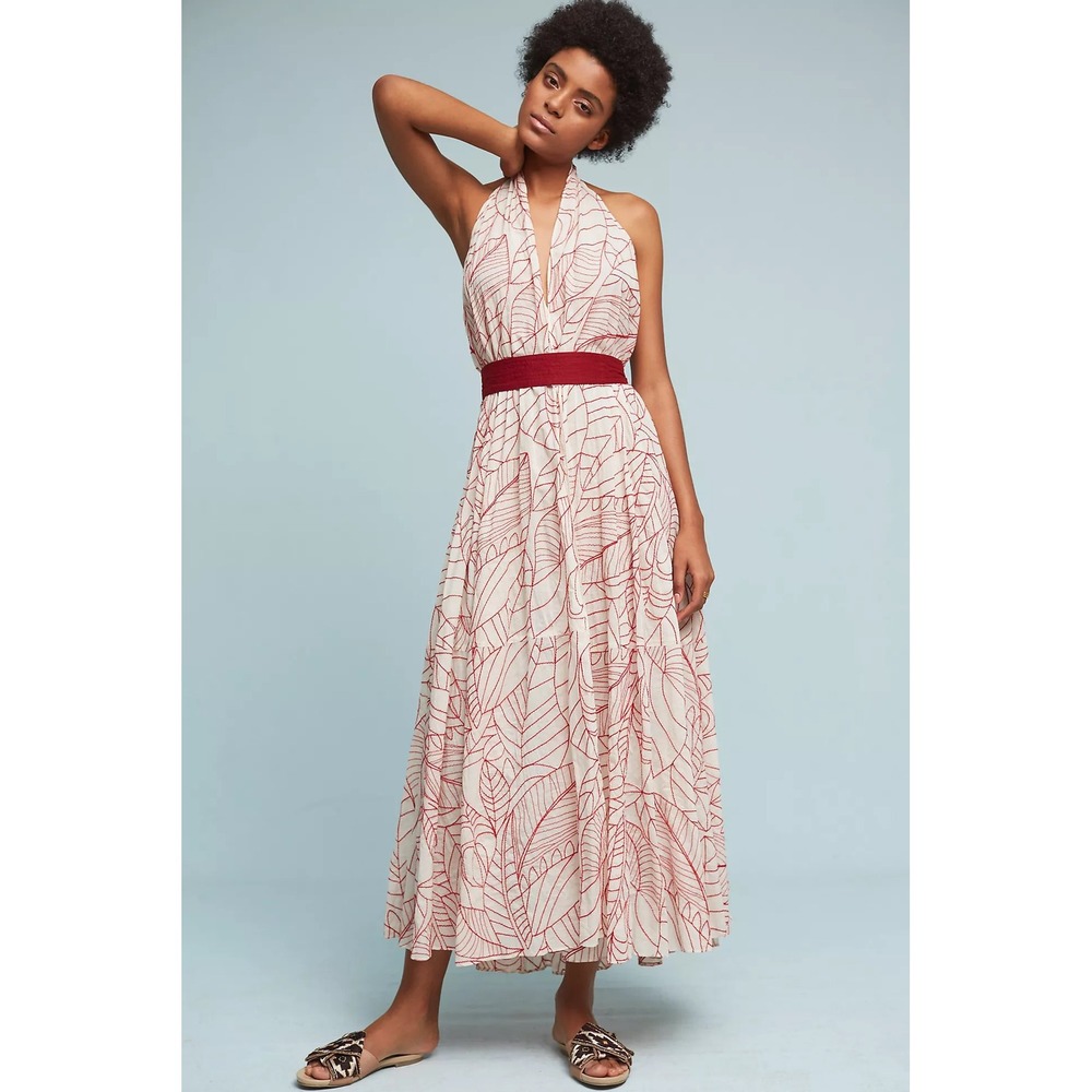 Lilka Anthropologie Samarkand White Red Embroidered Leaf Halter Maxi Dress M/L